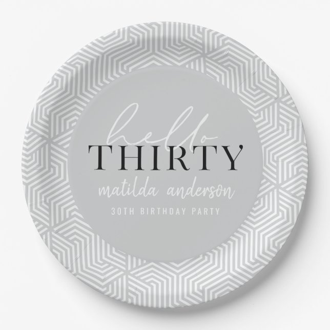 Modern geometric and script 30th birthday party paper plates (Front)