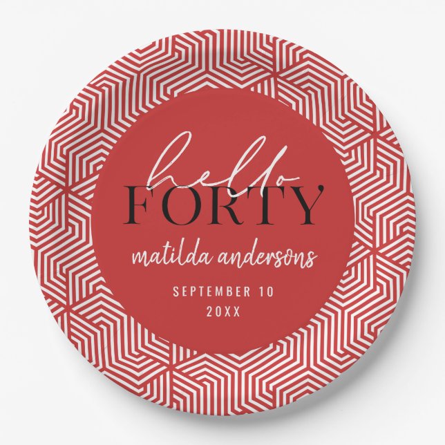 Modern geometric and script 40th birthday party paper plates (Front)