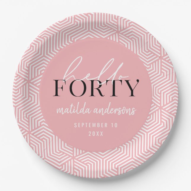 Modern geometric and script 40th birthday party paper plates (Front)