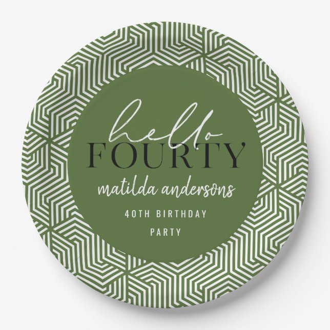 Modern geometric and script 40th birthday party paper plates (Front)
