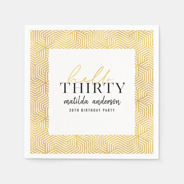 Modern geometric and script gold 30th birthday napkins (Front)