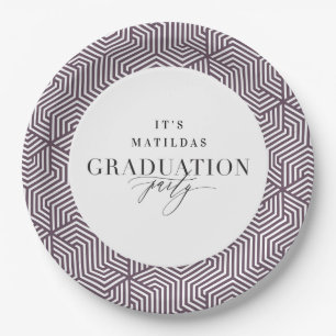 Modern geometric and script graduation party paper plates