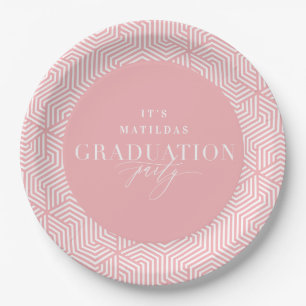 Modern geometric and script graduation party paper plates