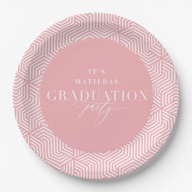 Modern geometric and script graduation party paper plates (Front)