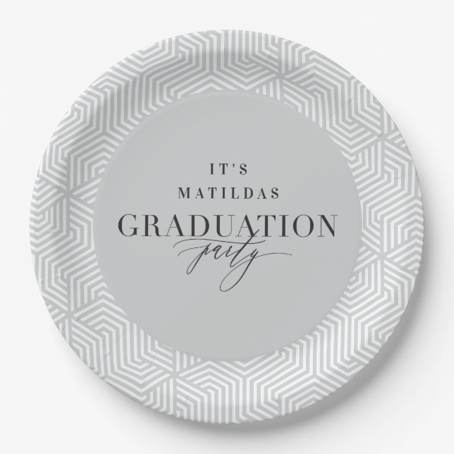 Modern geometric and script graduation party paper plates (Front)