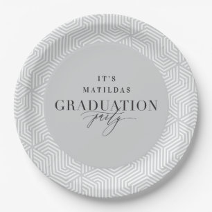 Modern geometric and script graduation party paper plates