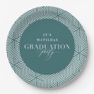 Modern geometric and script graduation party paper plates
