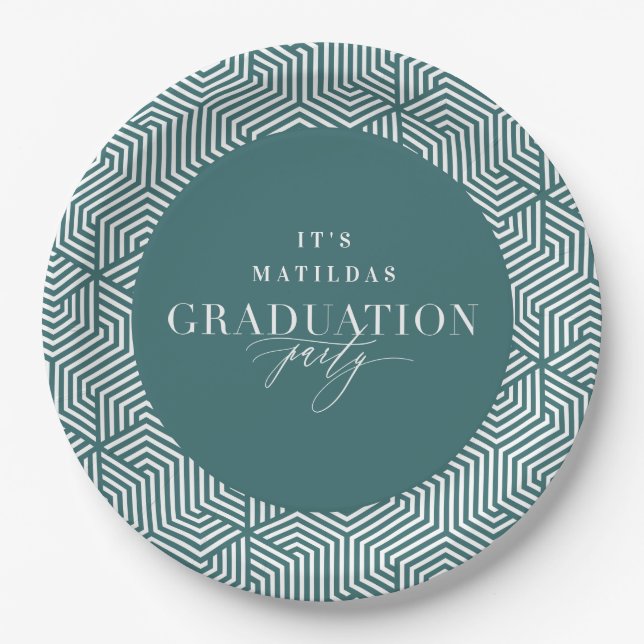 Modern geometric and script graduation party paper plates (Front)