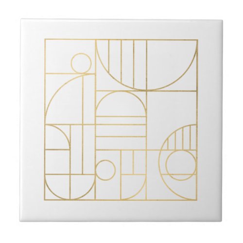 Modern Geometric Art Deco Faux GoldWhite Designer Ceramic Tile