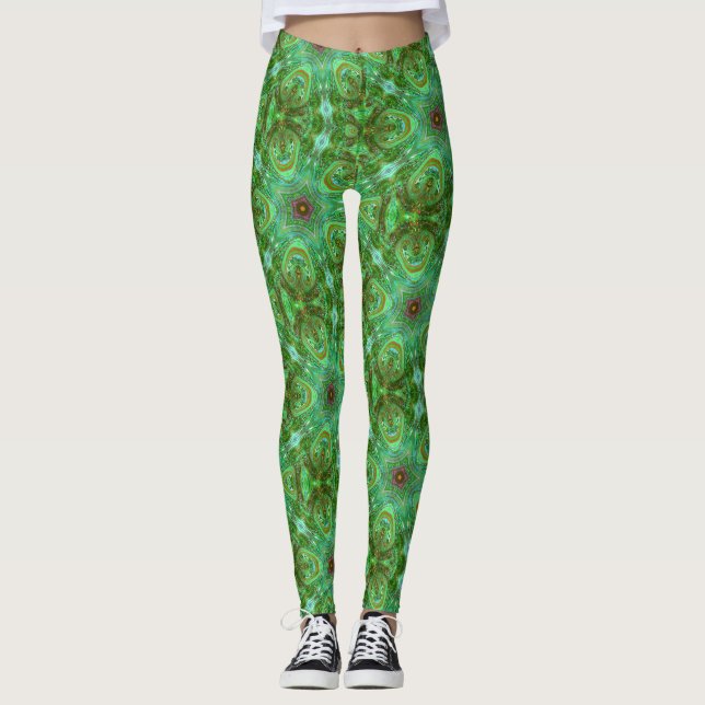 Modern Geometric Art Peacock Green Leggings (Front)