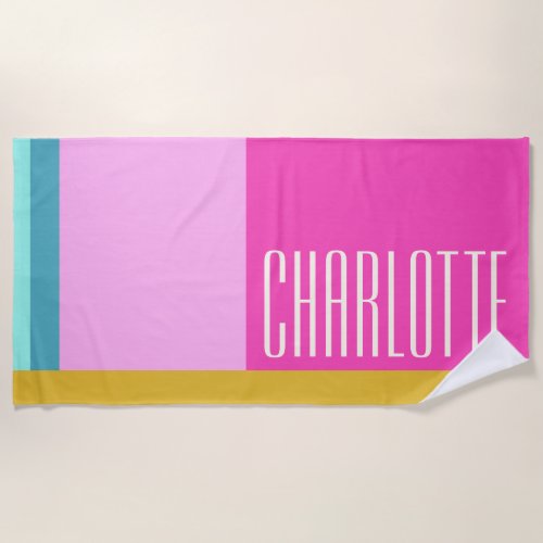 Modern Geometric Art Personalized Blue Pink Yellow Beach Towel