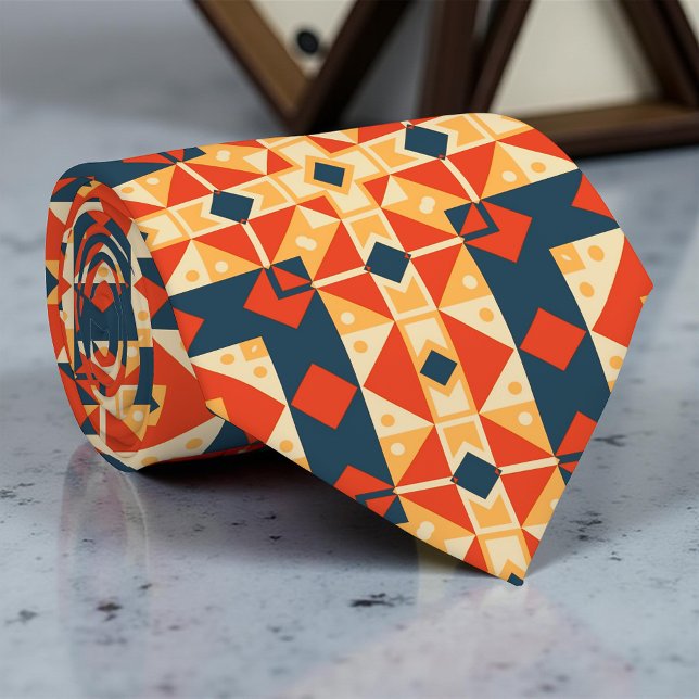 Modern Geometric Aztec Mosaic Orange Navy Blue Neck Tie (Creator Uploaded)