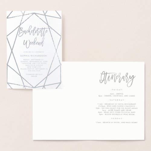 Modern Geometric Bachelorette Weekend Silver Foil Card