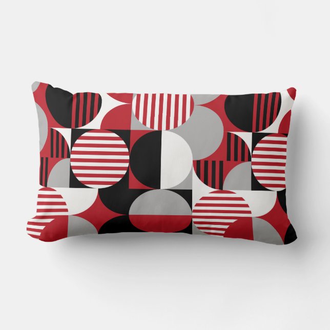 Modern Geometric Bauhaus, Black, Red, Gray Lumbar Pillow (Front)