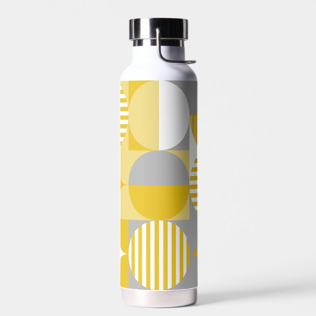 Modern Geometric Bauhaus, Mustard Yellow, Gray Water Bottle (Left)