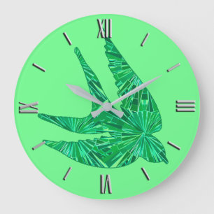 Modern Geometric Bird, Jade and Emerald Green Large Clock