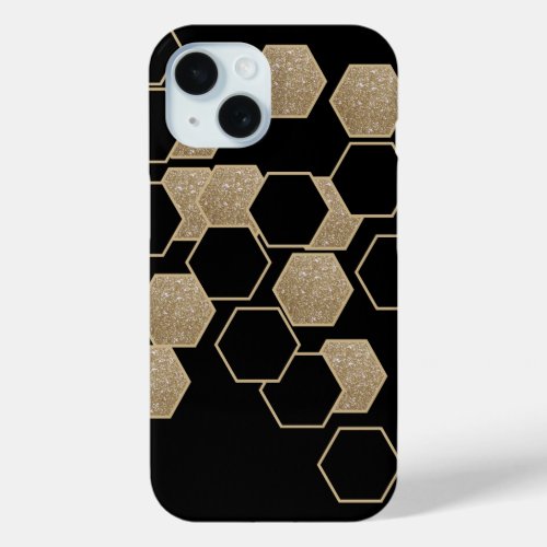 Modern geometric black and gold hexagon pattern iPhone 15 case