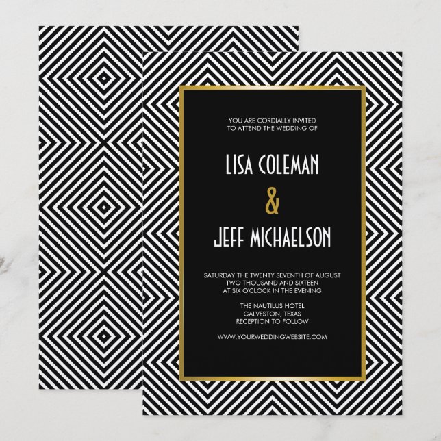 Modern Geometric Black and White Diamond Pattern Invitation (Front/Back)