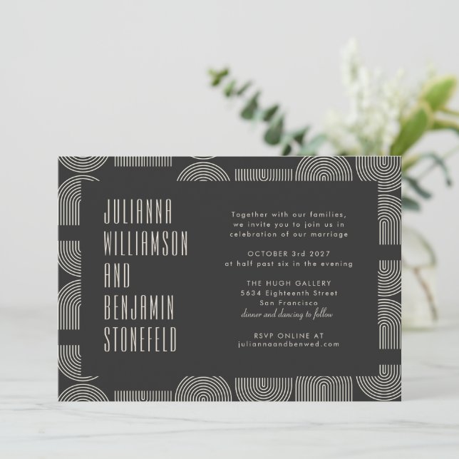 Modern Geometric Black Arch Lines Wedding Website  Invitation (Standing Front)