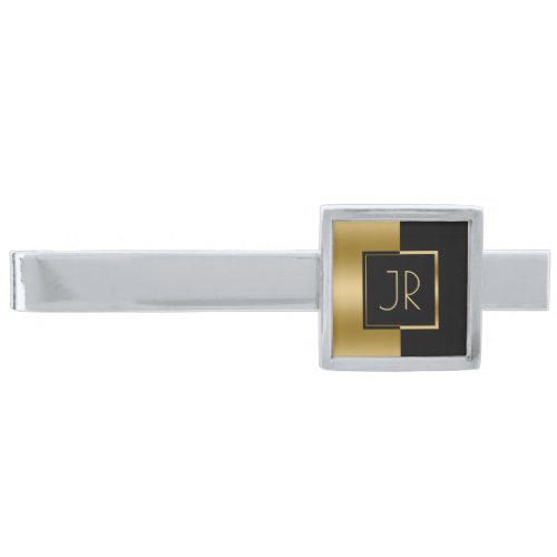 Modern Geometric Black  Gold Design Monogram Silver Finish Tie Bar