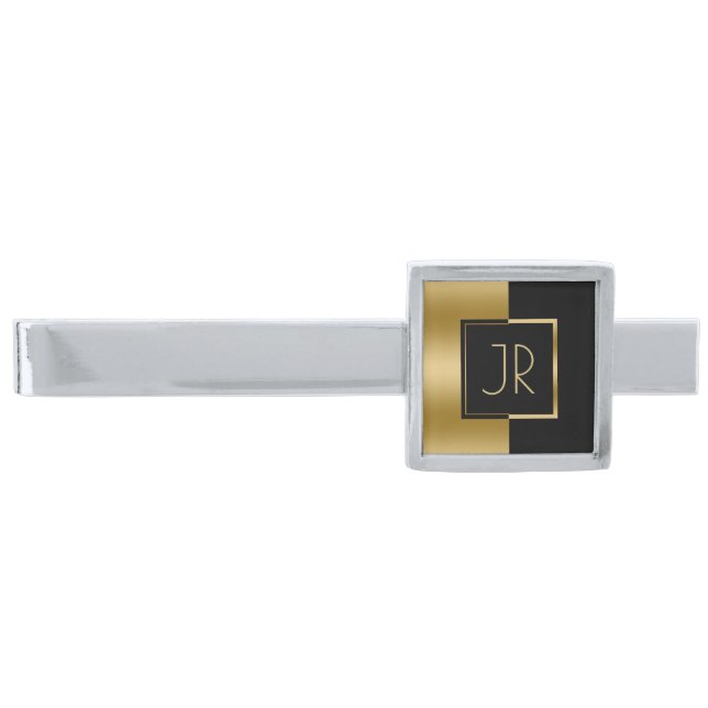 Modern Geometric Black & Gold Design Monogram Silver Finish Tie Bar (Front)