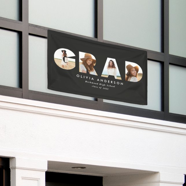 Modern geometric black multi photo graduation banner (Outside Building)