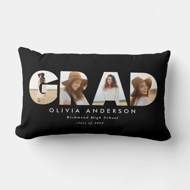 Modern geometric black multi photo graduation lumbar pillow (Front)