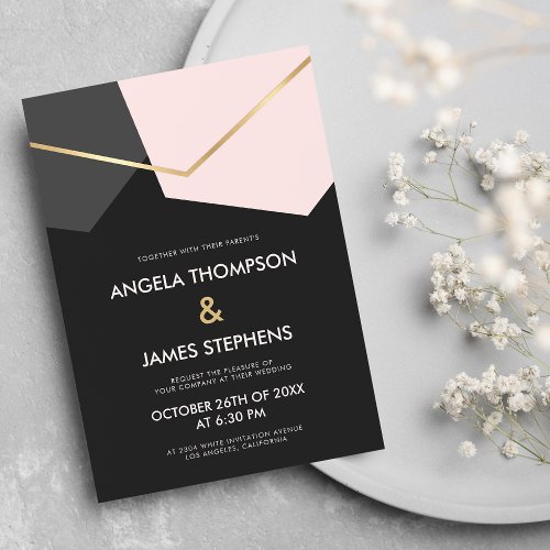 Modern geometric black pink gray gold foil wedding invitation