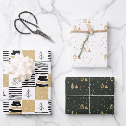 Modern geometric black white gold Christmas tree Wrapping Paper Sheets