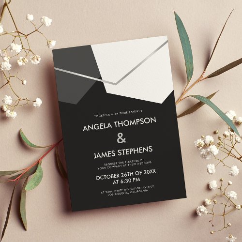 Modern geometric black white gray silver wedding invitation