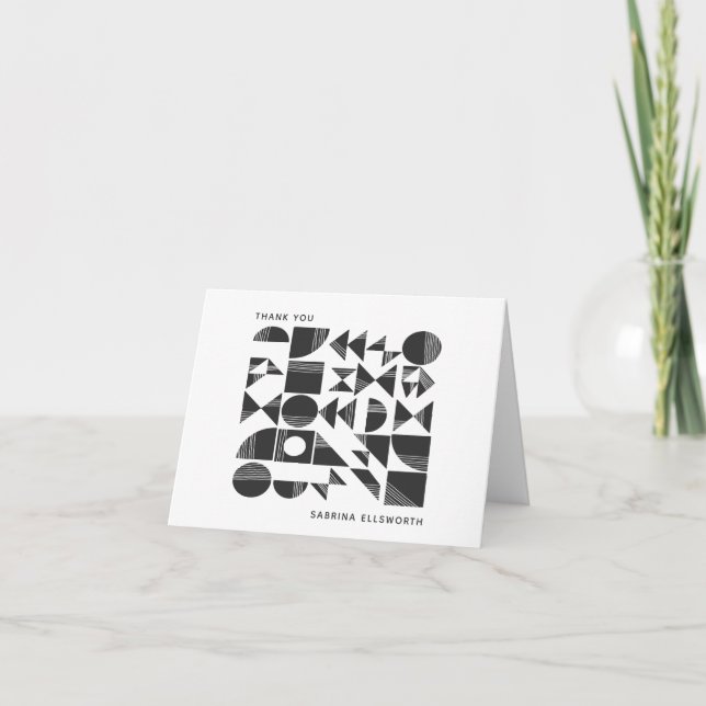 Modern Geometric Black White Personalized Name Thank You Card (Front)