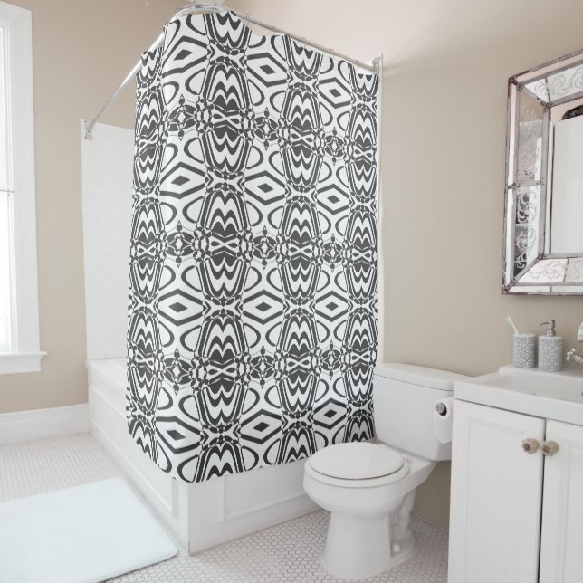 Modern Geometric Black & White Shower Curtain (In Situ)