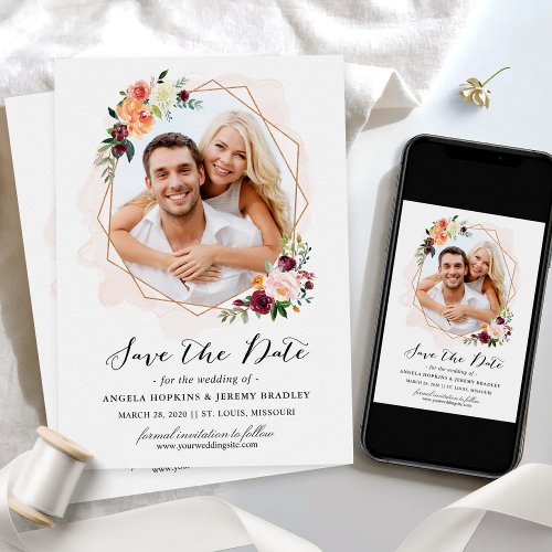 Modern Geometric Bloom Floral Photo Save the Date