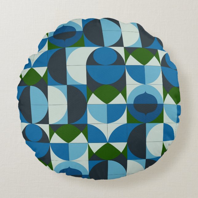 Modern Geometric Blue and Green Abstract Round Pillow (Front)