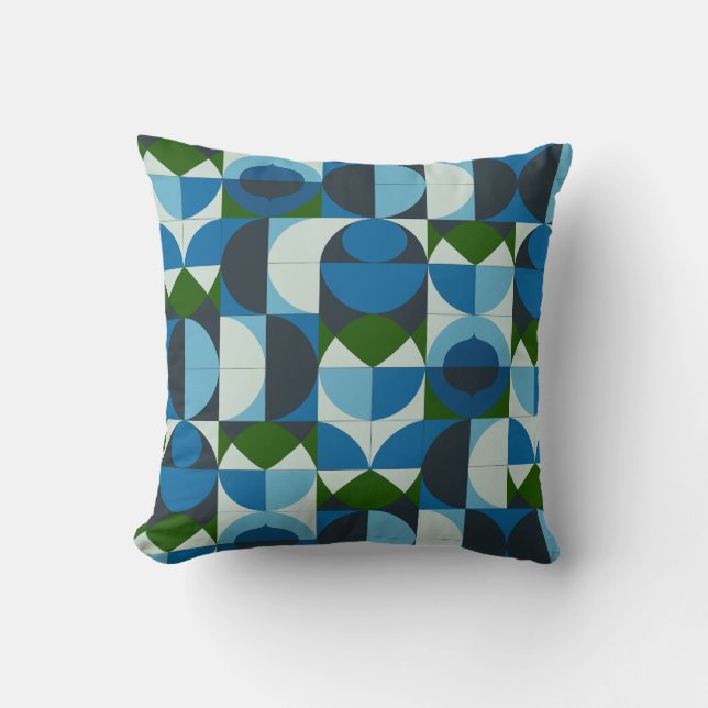 Modern Geometric Blue and Green Abstract Throw Pillow (Front)