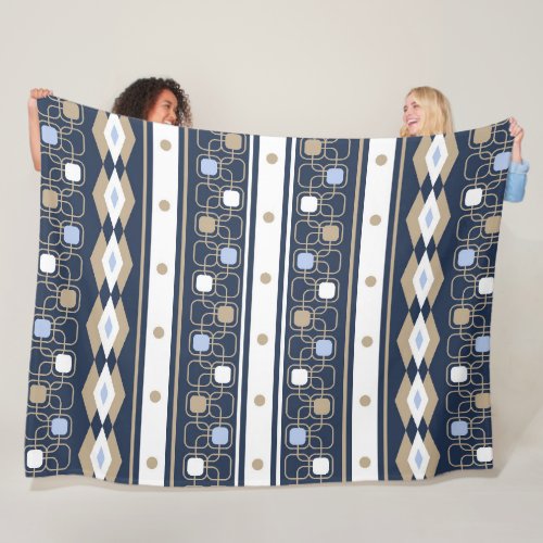 Modern geometric blue beige white fleece blanket