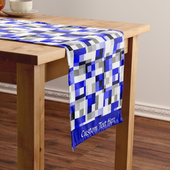 Modern Geometric Blue Black Checker Square Design Short Table Runner (In Situ)