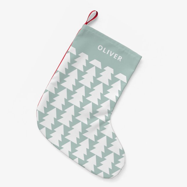 Modern geometric blue Christmas tree graphic Small Christmas Stocking (Front (Hanging))