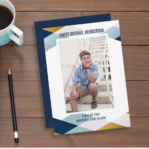 Modern Geometric Blue Grad Photo Graduation Party Invitation