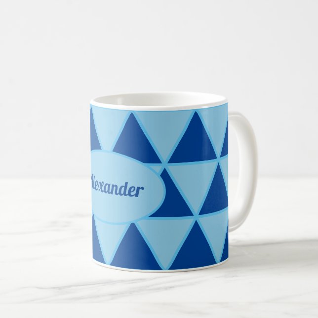 Modern geometric blue graphic pattern with name coffee mug (Front Right)