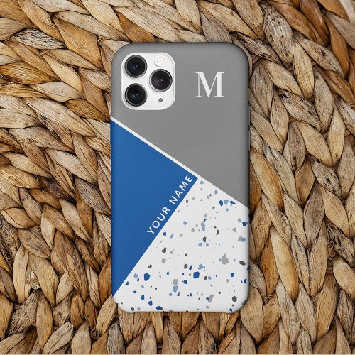Modern Geometric Blue Grey Terrazzo Monogram iPhone 13 Pro Case