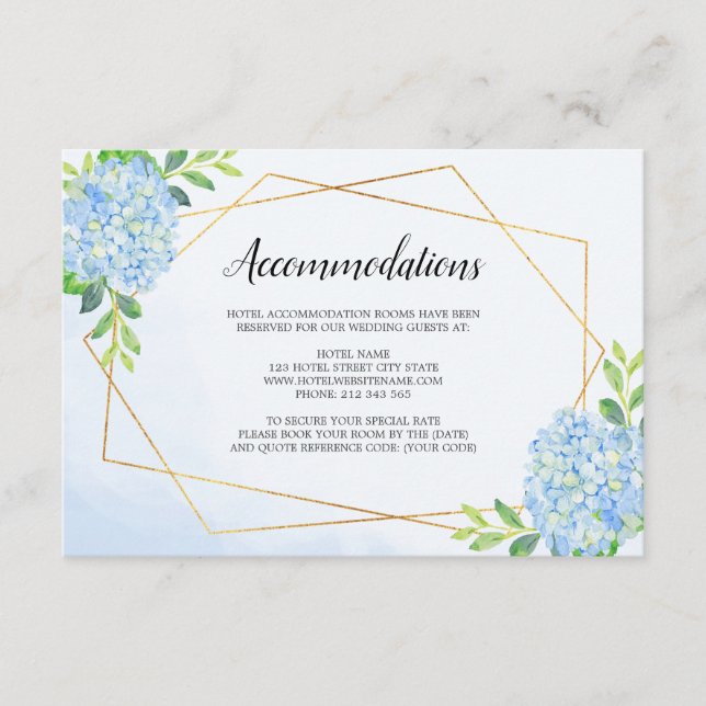 Modern Geometric Blue Hydrangea Accommodations Enclosure Card (Front)