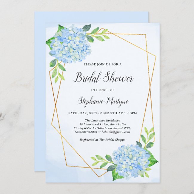 Modern Geometric Blue Hydrangea Bridal Shower Invitation