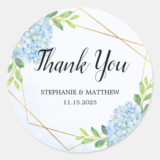 Modern Geometric Blue Hydrangea Thank You Wedding Classic Round Sticker (Front)