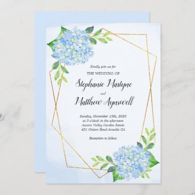 Modern Geometric Blue Hydrangea Wedding Invitation