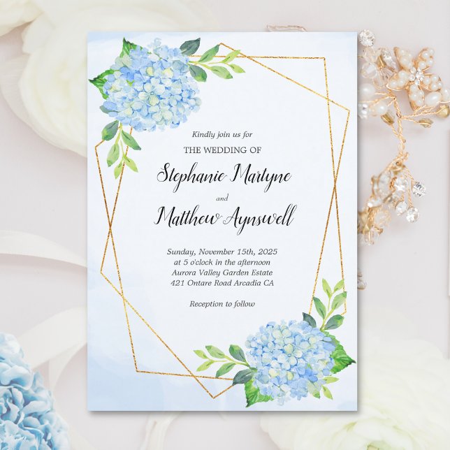 Modern Geometric Blue Hydrangea Wedding Invitation (Creator Uploaded)