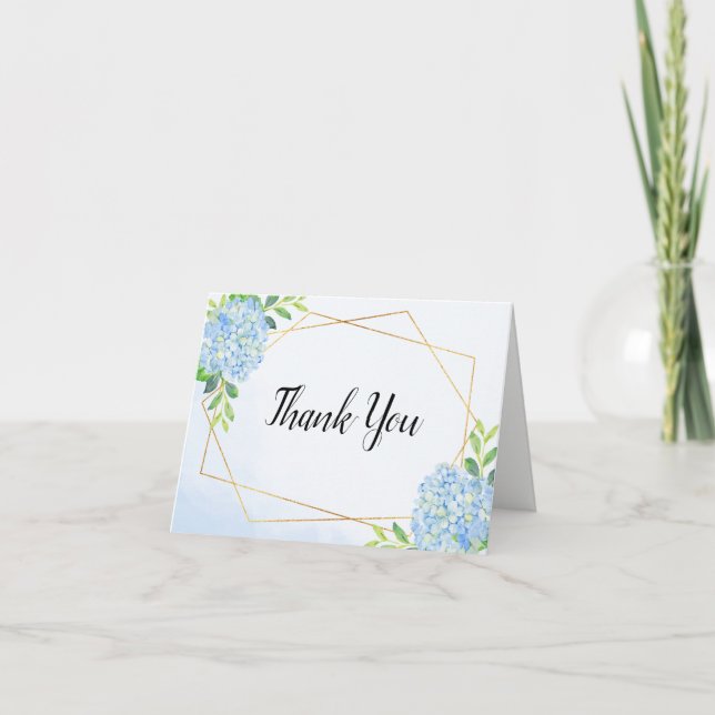 Modern Geometric Blue Hydrangea Wedding Letterpress Thank You Card (Front)