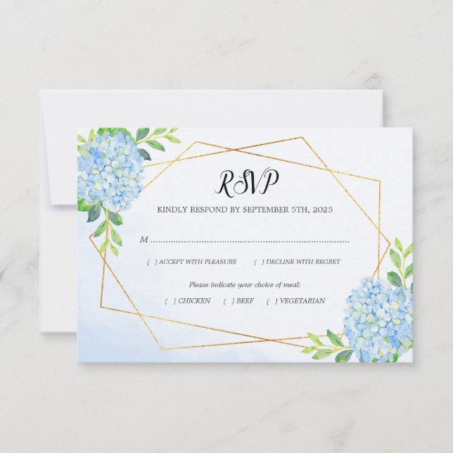 Modern Geometric Blue Hydrangea Wedding Meal RSVP Card (Front)