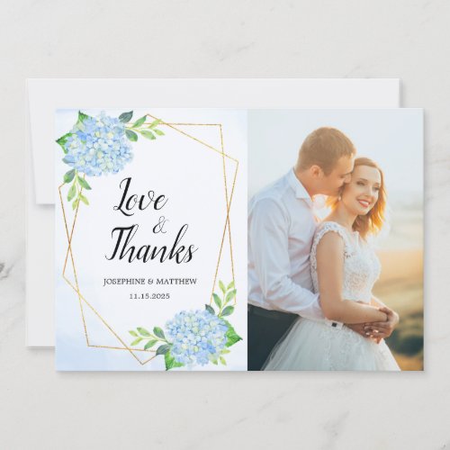 Modern Geometric Blue Hydrangea Wedding Photo Thank You Card