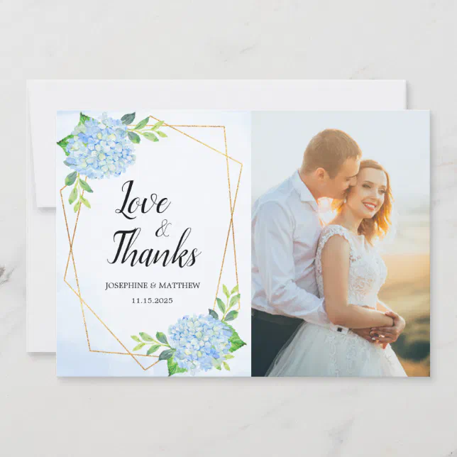 Modern Geometric Blue Hydrangea Wedding Photo Thank You Card | Zazzle